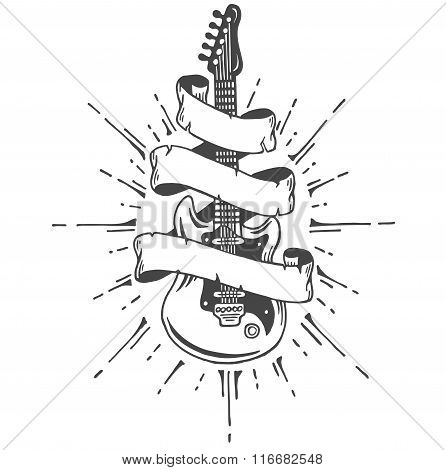 Hand drawn electric guitar with ribbon and text