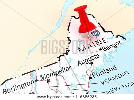 Red Thumbtack Over Maine State Usa Map