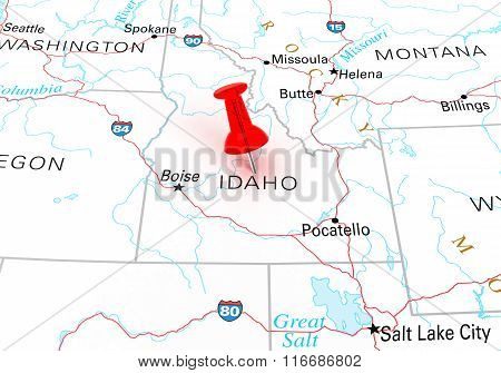 Red Thumbtack Over Idaho State Usa Map