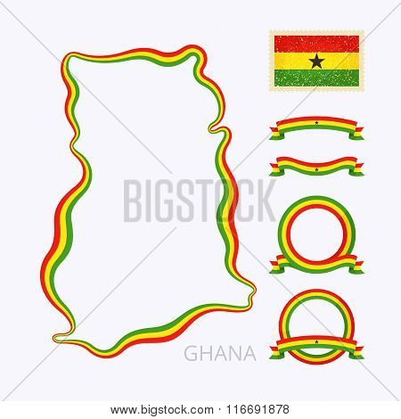 Outline map of Ghana. Border is marked with ribbon in national colors. The package contains frames in national colors and stamp with flag.