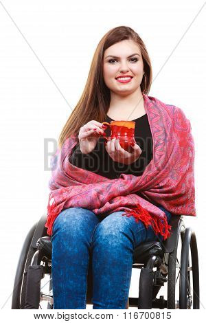Woman Invalid Girl On Wheelchair Holds Tea Mug