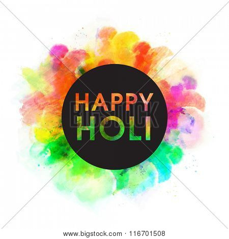 Stylish text Happy Holi on colourful splash decorated background for Indian Festival of Colours celebration.