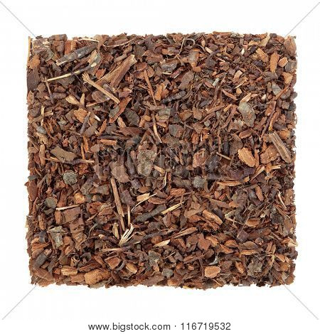 Wild cherry bark herb used in natural alternative medicine over white background.  Cerezo silvestre.