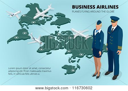 Business airlines, Planes flying around the globe. Flat 3d isometric vector illustration