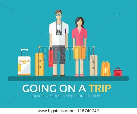 Journey vacation baggage in flat design background concept. Married couple with collects things goin