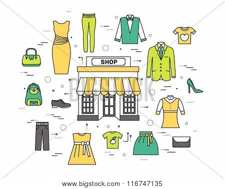 Thin line fashion clothing modern illustration concept. Infographicthings that you can buy in the bo