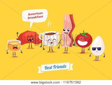 Set of breakfast characters. Vector cute cartoons