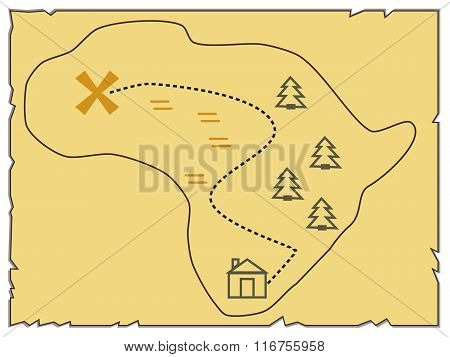 An old map of the island, indicating the route. Vector illustration