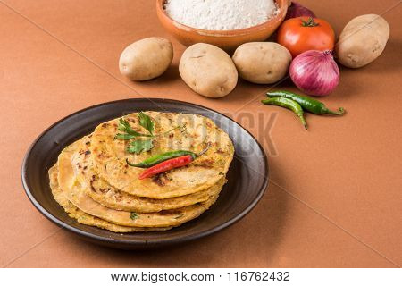 Traditional Indian bread-Aloo paratha, potato stuffed bread with ingradients