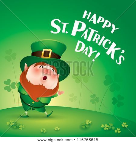 Happy Saint Patricks Day! Leprechaun on the clover field.