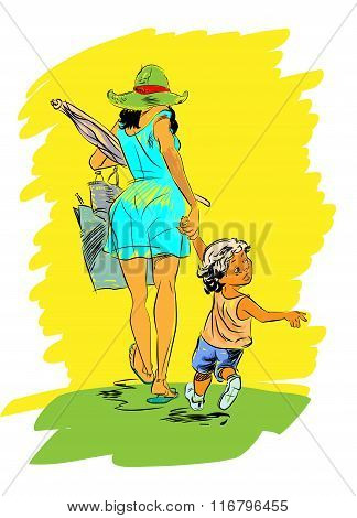 Mother And Child On The Beach