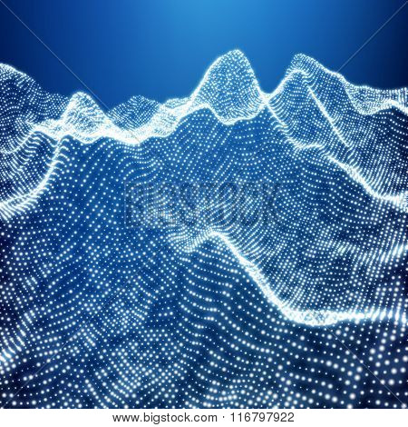 Low Poly Geometric 3D Mountain Landscape. Mountainous Terrain. Cyberspace Grid. 3D Wireframe Terrain. Mountain Design. Abstract Background with Dotted Grid. A Glowing Grid. 3D Technology Vector.