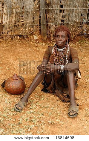 Ethnic  Hamer Woman In The Traditional Dress From Ethiopia