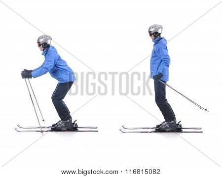 Skiier Demonstrate How To Push Away In Skiing. Sliding At The Flat Surface.