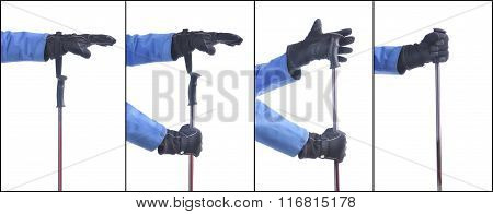 Skiier Demonstrate How To Put On The Ski Sticks. Step By Step Instruction.