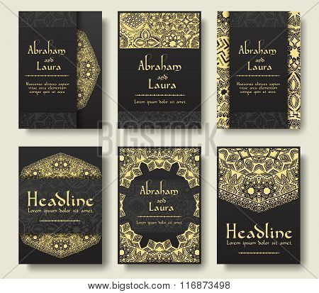 Set of flyer pages ornamental illustration stylized gold concept. Luxury art traditional, Islam, ara