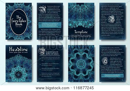 Set of mystery fary tail flyer pages ornament illustration concept. Vintage art traditional, arabic,