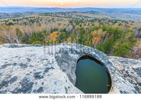 view from the top of mountain, golden autumn sunset