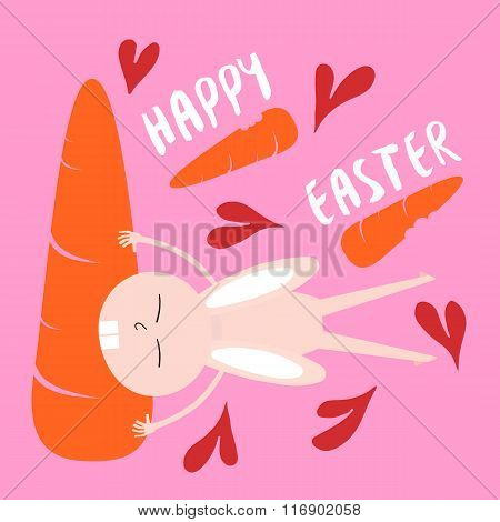 Heppy Easter, bunny cut the carrot with drawing hearts