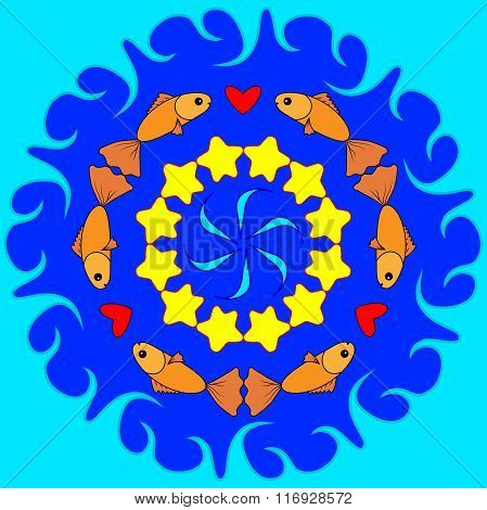 fish, sea pattern, circular, stars