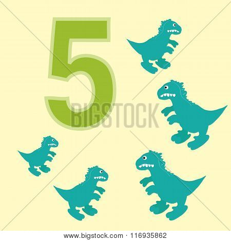 The Number 5. Five Dinosaurs (t-rex ).