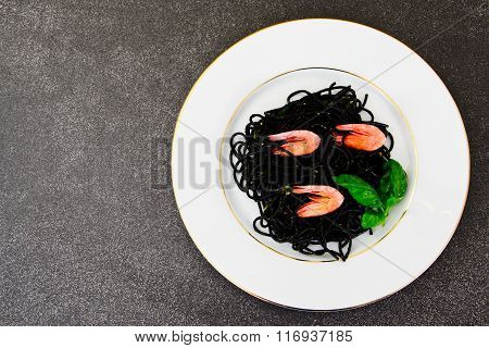 Black Spaghetti with Cuttlefish Ink, Prawns and Basil. Mediterra