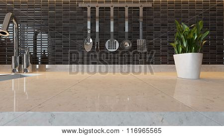 Black Ceramic Modern Kitchen Design Background With Kitchen Marble Desk Space For Your Design