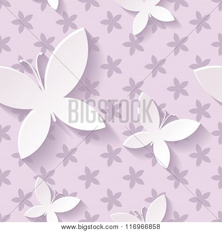 Beautiful background seamless pattern purple with white blossoming butterflies. Nature modern wallpa