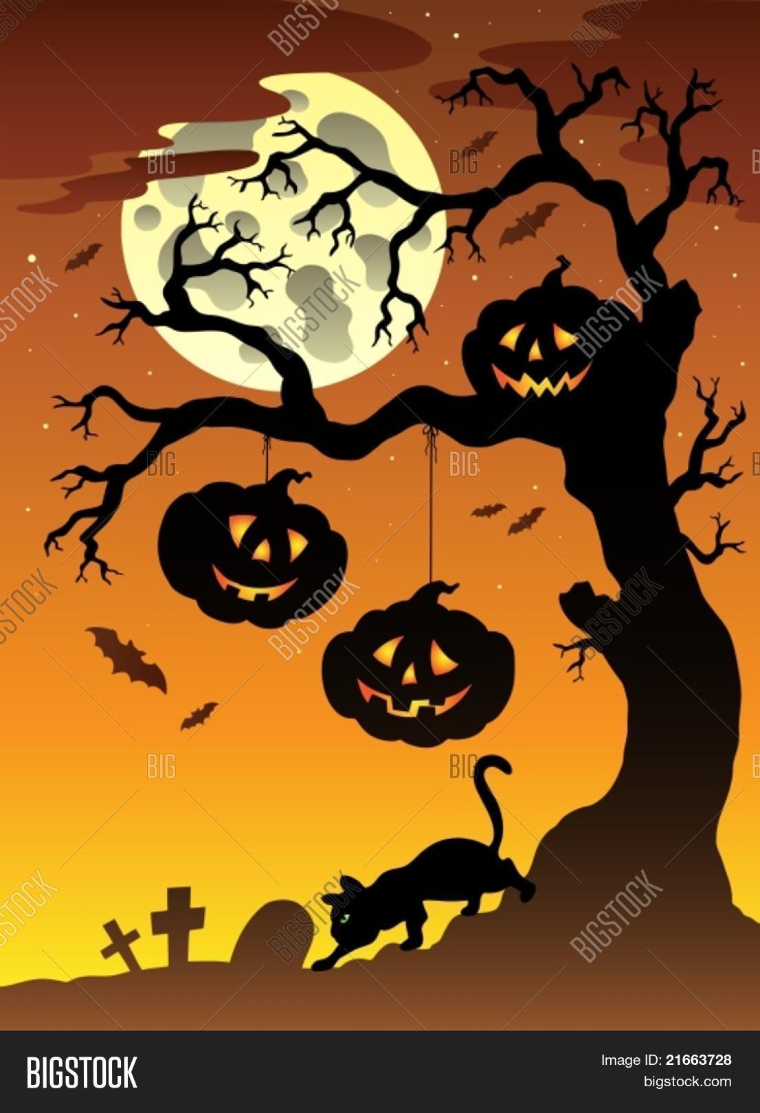 Scene Halloween Tree Vector &amp; Photo (Free Trial) | Bigstock