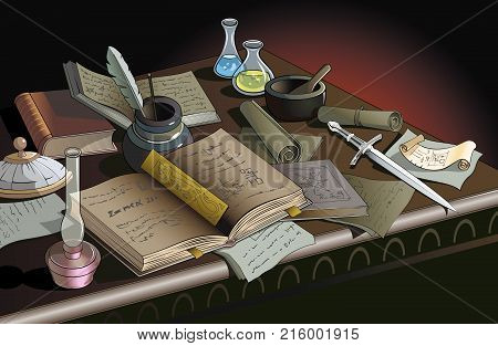 Table of alchemist or wizard with many objects, vector illustration