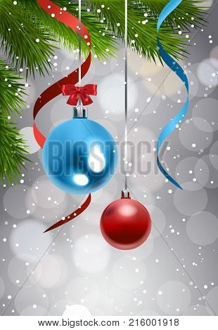 Christmas Tree Branch With Colorful Balls Over Grittering Background Holiday Decoration Banner Vector Illustration