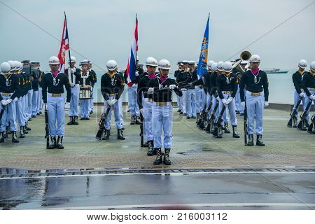 Pattaya Thailand - November 15 2017: Thai navy demonstating Fancy Drill in International Fleet Review 2017 at the beach of Pattaya Thailand.