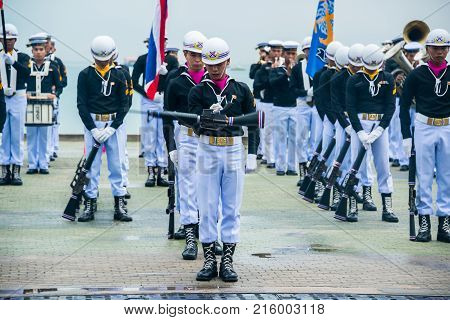 Pattaya Thailand - November 15 2017: Thai navy demonstating Fancy Drill in International Fleet Review 2017 at the beach of Pattaya Thailand.