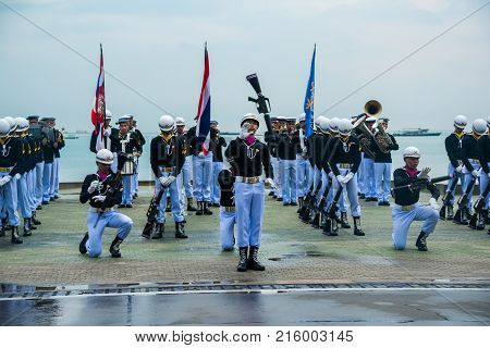 Pattaya Thailand - November 15 2017: Thai navy demonstating Fancy Drill in International Fleet Review 2017 at the beach of Pattaya Thailand.