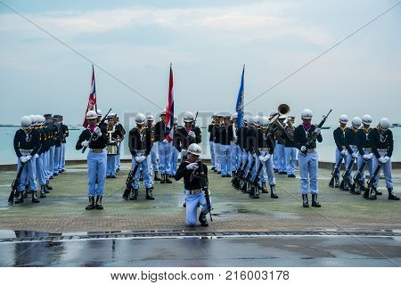 Pattaya Thailand - November 15 2017: Thai navy demonstating Fancy Drill in International Fleet Review 2017 at the beach of Pattaya Thailand.