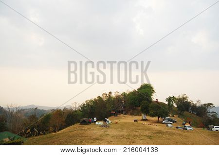 Travelers Thai People Travel With Camping And Rest In Tent At Top Of Mountain Doi Samer Dao And Pha