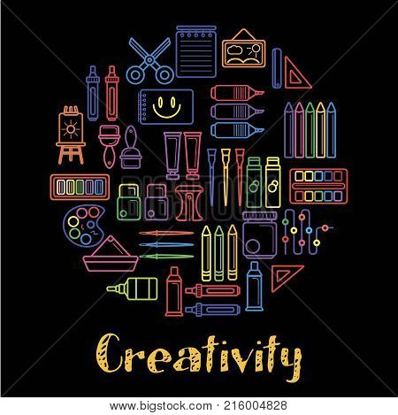 Kids creativity and children art design poster of painting tools, paint brush and pencil or felt tip pen. Vector outline color icons of scissors, watercolor drawing pad and computer or designer picture