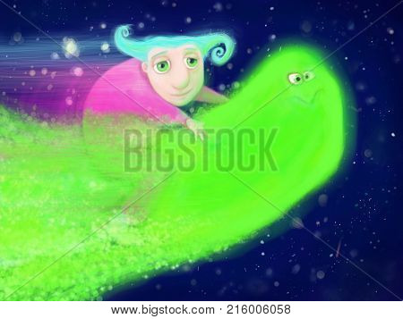 illustration of a person flying on a cosmic slug