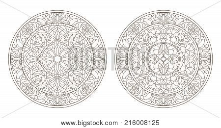 Set contour illustrations of stained glass round stained glass floral dark outline on a white background