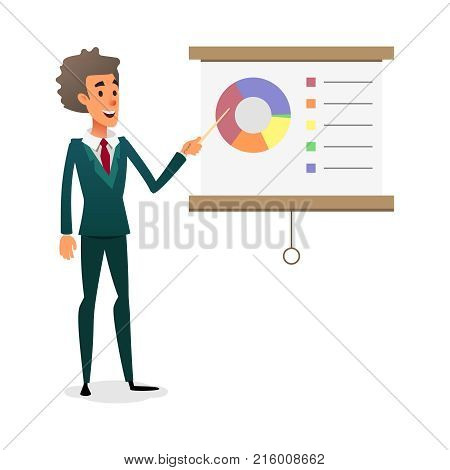 Funny cartoon manager presenting whiteboard about financial growth. Young businessman making presentation and showing diagrama on whiteboard