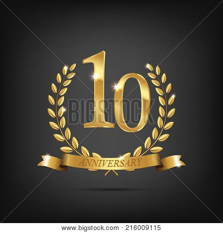 10 anniversary golden symbol. Golden laurel wreaths with ribbons and tenth anniversary year symbol on dark background. Vector anniversary design element