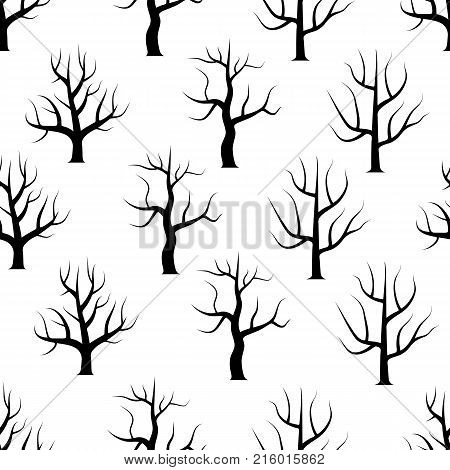 Seamless black and white curved trees without leaves backgrounds. Vector forest seamless texture.