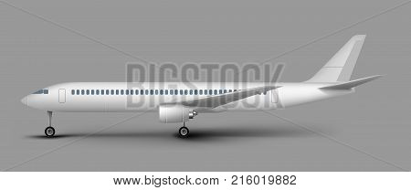 White commercial passenger airplane or personal business jet side view realistic vector isolated on gray. Civil aviation landed aircraft blank template for tourism and travel concept design