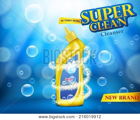 Advertising poster of a yellow plastic bottle with a curved tip with a liquid detergent and a label, in soap bubbles and a swirl around it on a blue background. A cleaner for the bathroom and toilet.