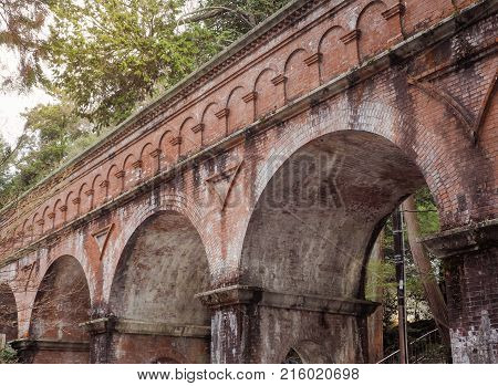 Suirokaku brick ancient aqueduct in Kyoto. This aqueduct was constructed in 1889 to carry water and goods between Kyoto and Lake Biwa