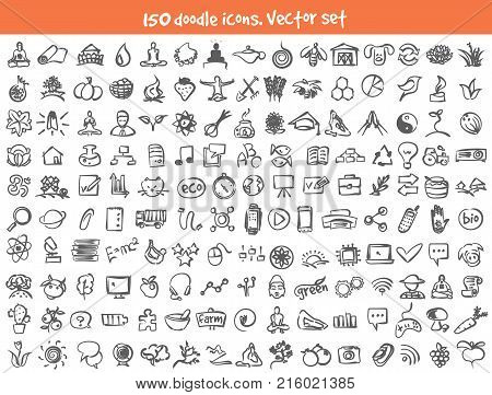 Vector doodle icons set. Stock cartoon signs for design.