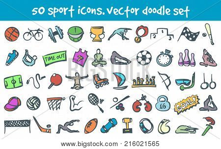 Vector doodle sport icons set. Stock cartoon signs for design.