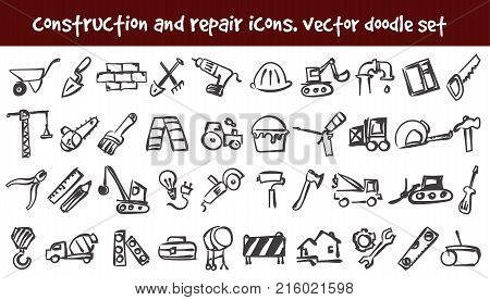 Vector doodle construction and repair icons set. Stock cartoon signs for design.