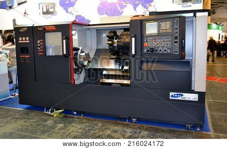 Kiev, Ukraine - November 23, 2017:-Industrial machinery, production aggregation and equipment, mechanical automaton facilities, machine tools and lathes. Industrial technologies, production processes.