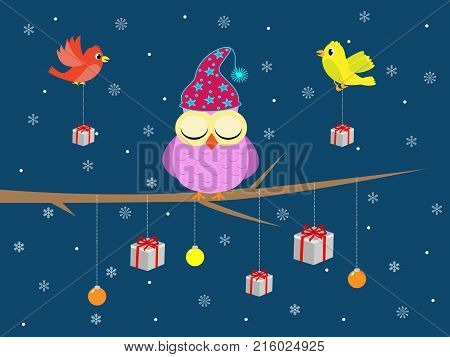 Cute cartoon stlye vector illustration of owl on tree surrounded by birds during Christmas time